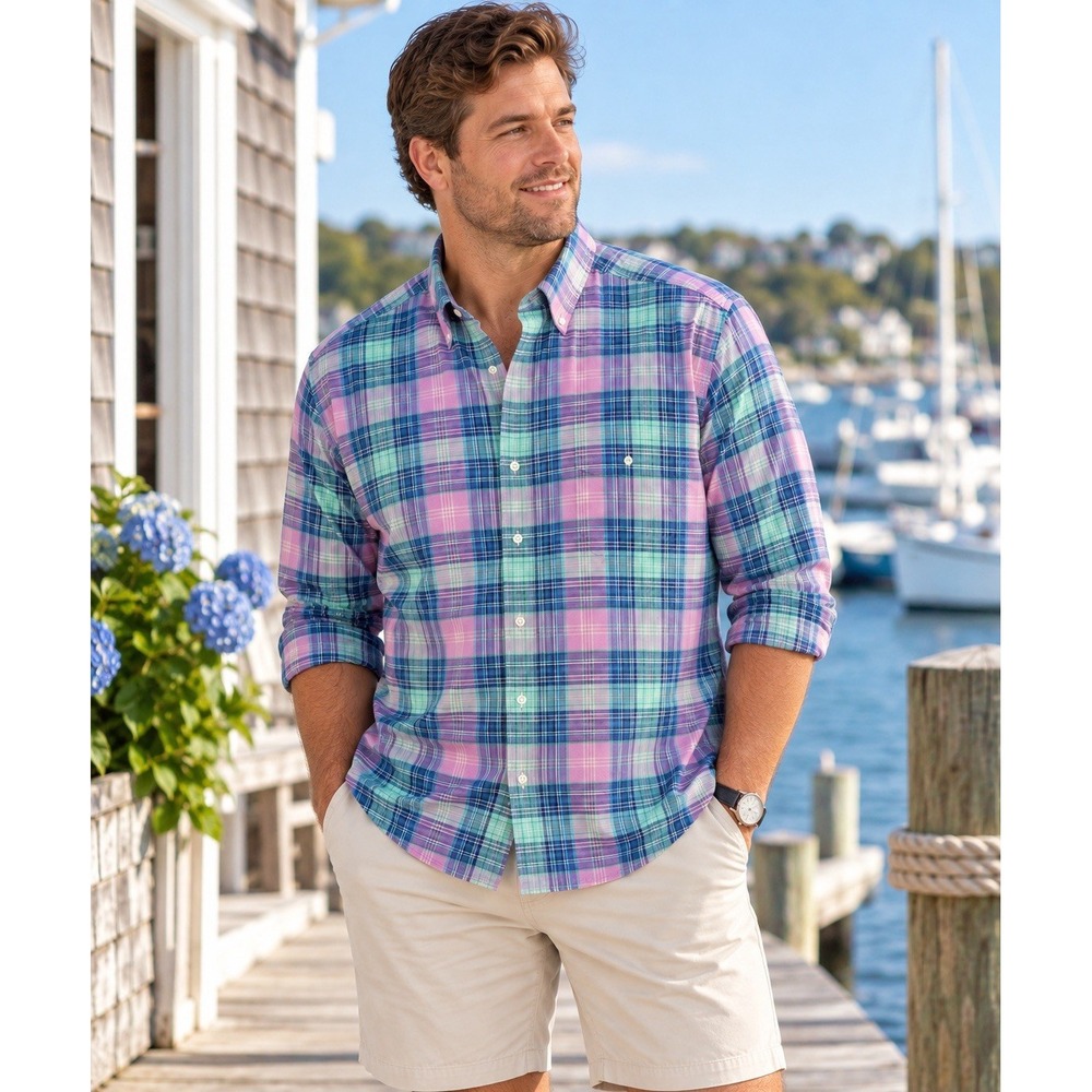 Vineyard Vines Crosby Shirt Mens XXL Pink Green Blue Plaid Cotton Button Down